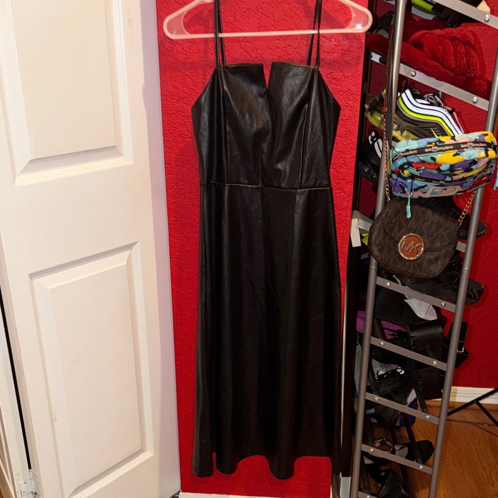 SHEIN Black Faux Leather Midi Dress